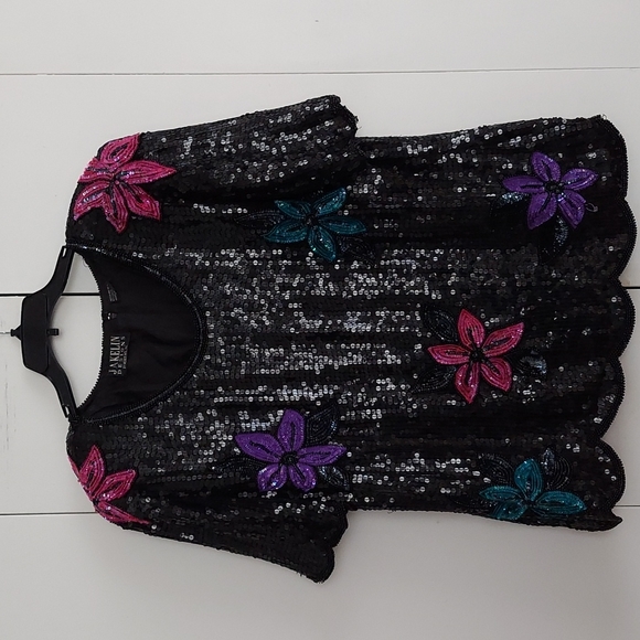 Vintage Jakelin Designs Floral Sequins & Beaded Top Size 3X Black - Picture 1 of 16